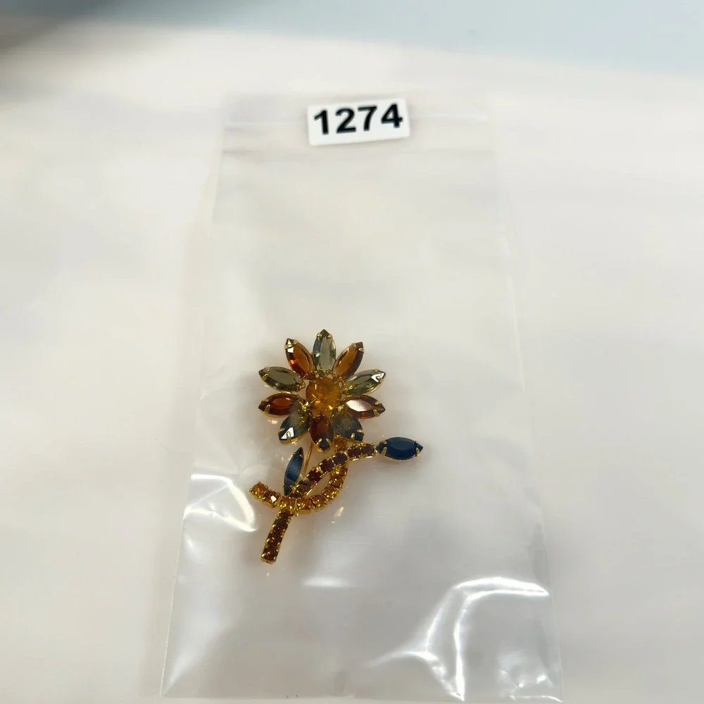 Vintage Flower Brooch Gold Tone Amber Brown Rhinestone Open Back 3 Inch Floral